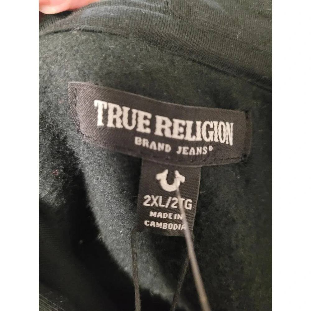 True Religion Script Oval Zip Fleece Hoodie Mens Black Graphic Buddha Size XXL‎